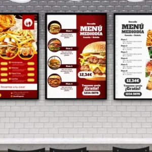Pósters LED con el menú de un restaurante en la pared