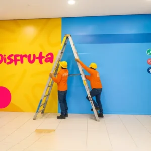 Técnicos instalando vinil impreso en la pared de un local