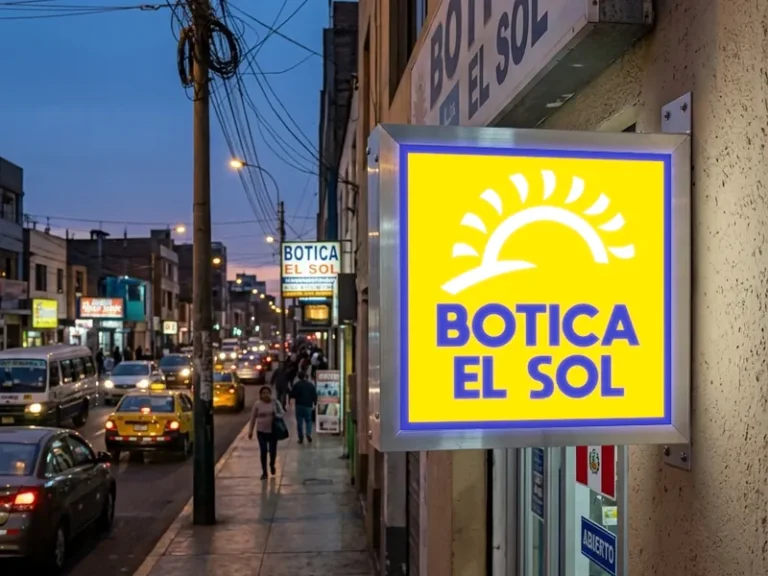 Jalavista luminoso cuadrado de una botica en una avenida de Lima